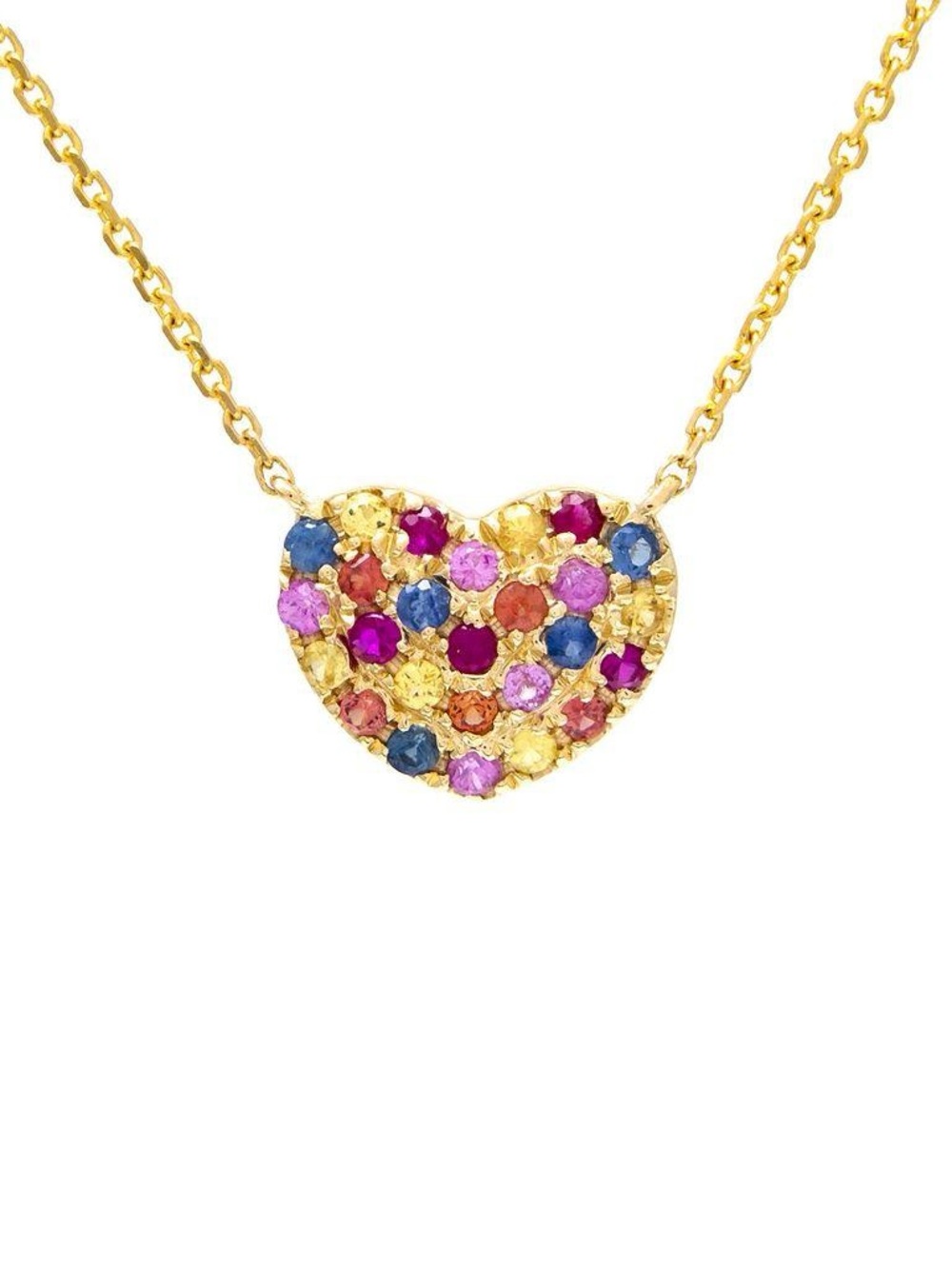14K Real Solid Yellow Gold Heart Natural Multi-Gemstone Necklace 10x8mm